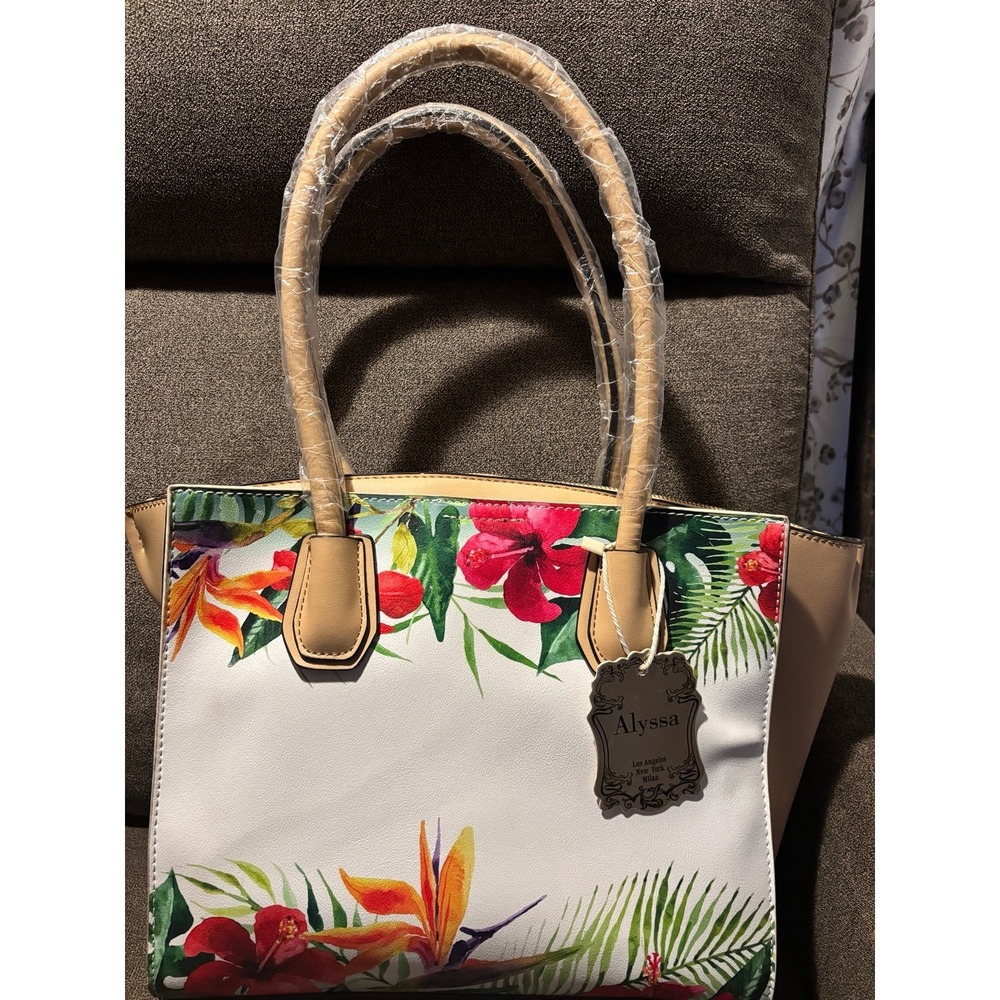 Alyssa Floral Tropical Tote Bag White Tan Hibiscus Bird of Paradise NWT